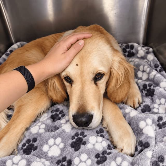 Beethoven, an eight-month-old golden retriever puppy, resting on a blanket with a hand on his head